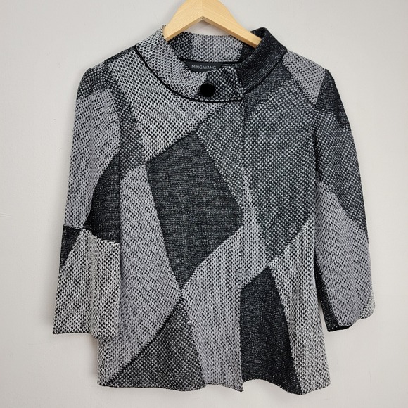 Ming Wang Black Gray Knit Cardigan Sweater Jacket Size M Shoulder Pads Boho - Picture 1 of 10